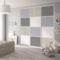 Façade de placard coulissante 3 portes décor gris galet, décor gris intense, décor bois flotté crème, décor blanc mat