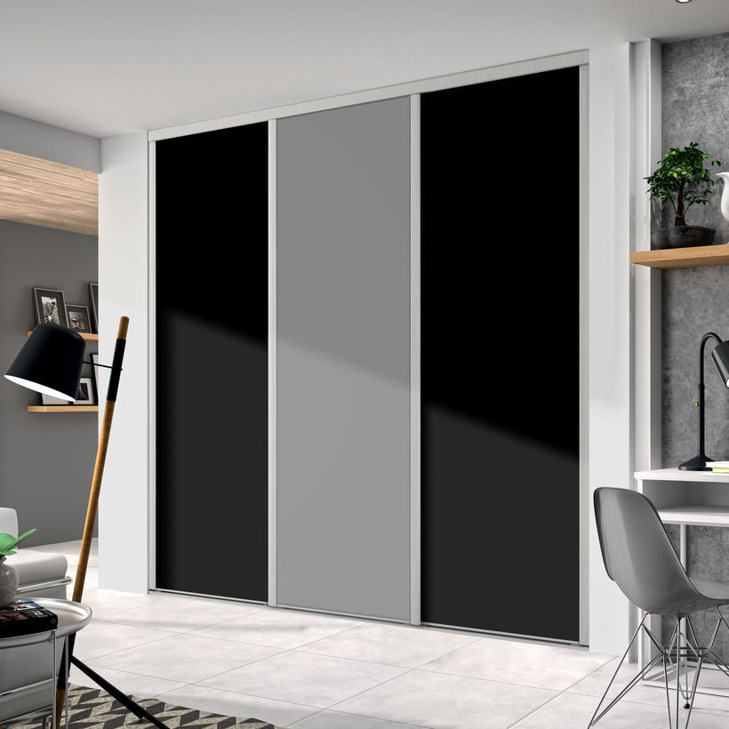 Façade de placard coulissante 3 portes décor noir intense, décor gris intense