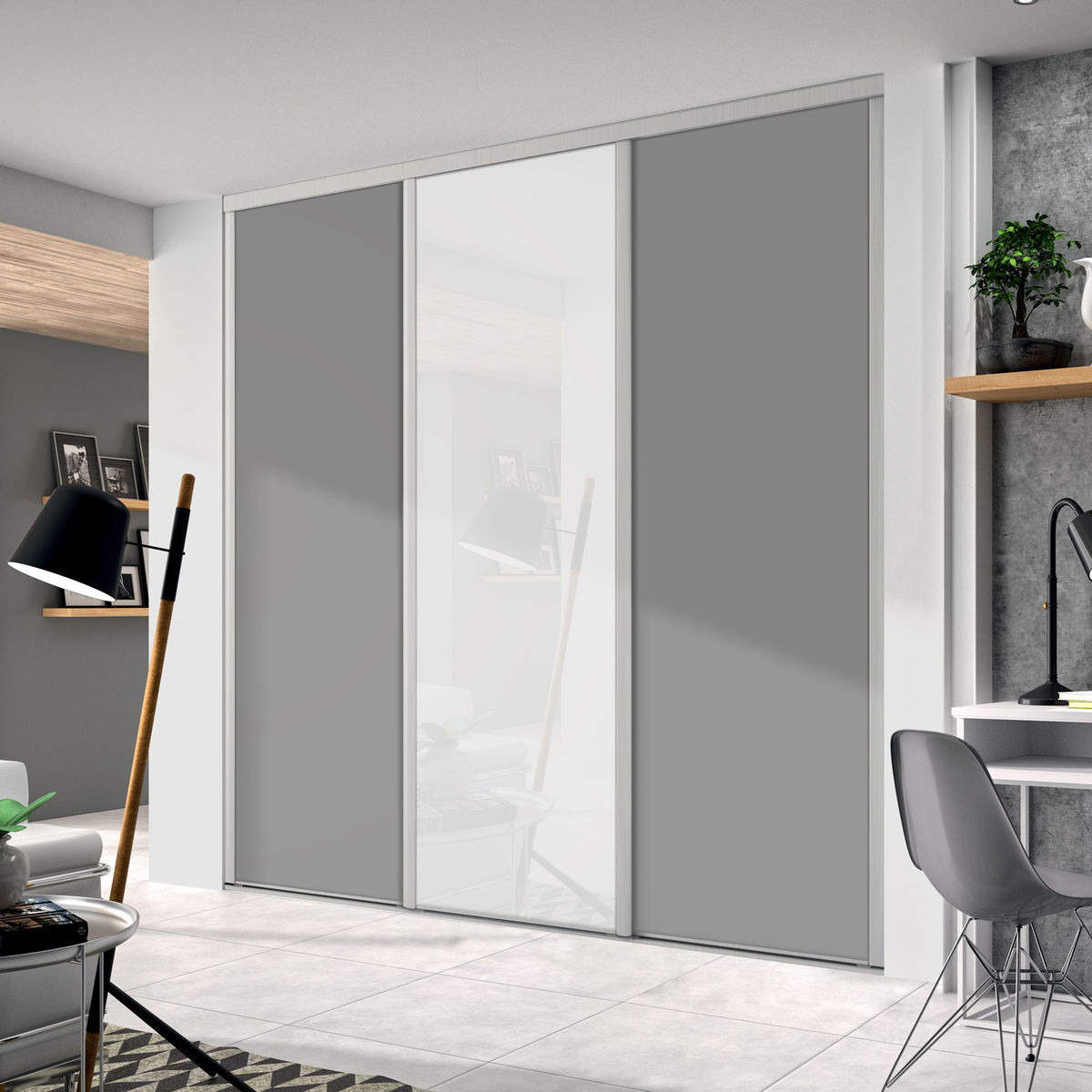 Façade de placard coulissante 3 portes décor gris intense, verre laqué blanc pur