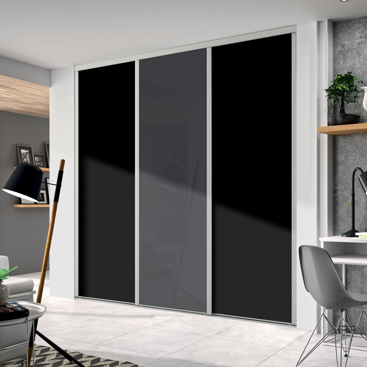 Façade de placard coulissante 3 portes décor noir intense, verre laqué gris foncé
