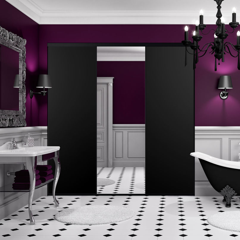 Façade de placard coulissante 3 portes décor noir intense, miroir argent