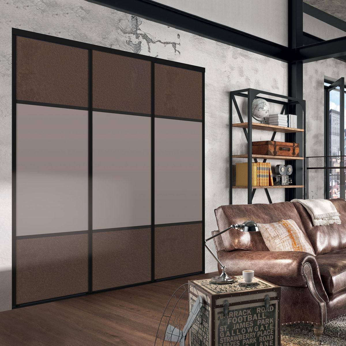 Façade de placard coulissante 3 portes effet cuir vintage brun, décor moka