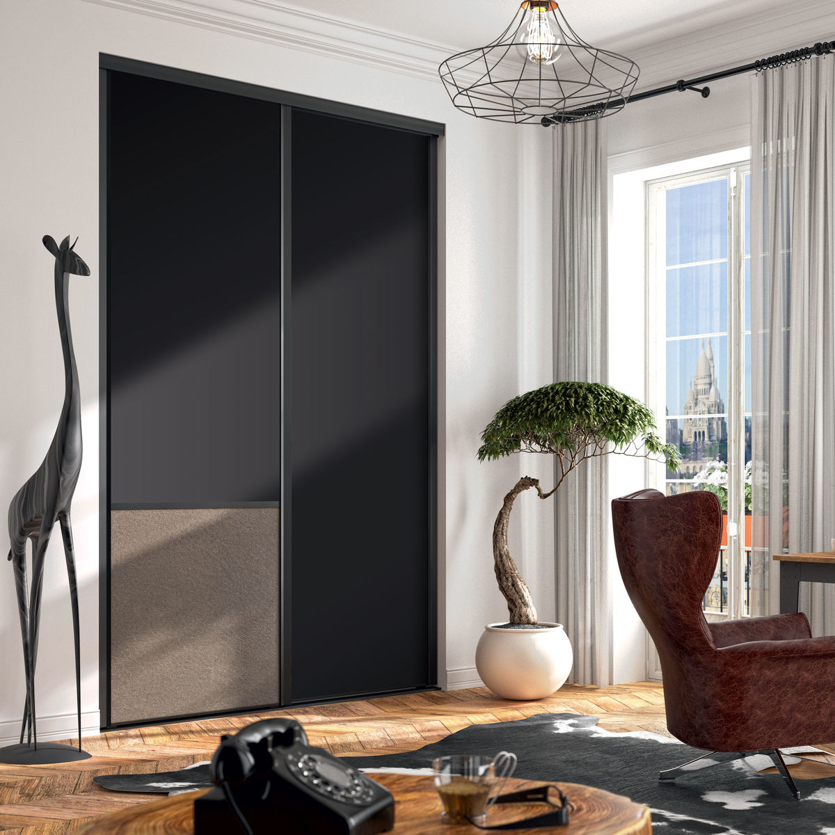 Façade de placard coulissante 2 portes décor noir intense, effet cuir vintage beige