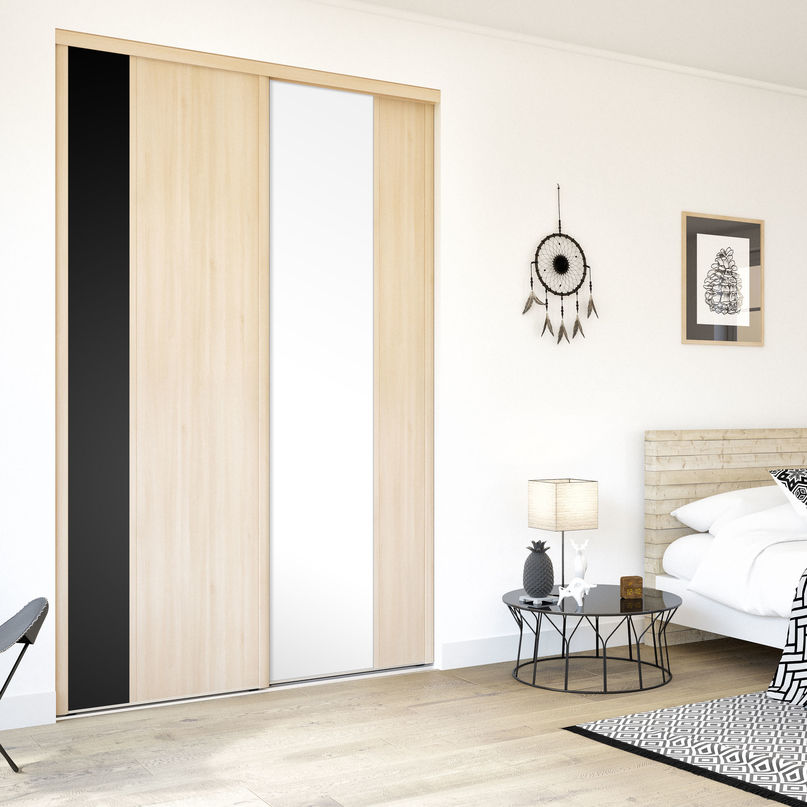 Façade de placard coulissante 2 portes décor acacia clair, décor noir intense, décor blanc mat