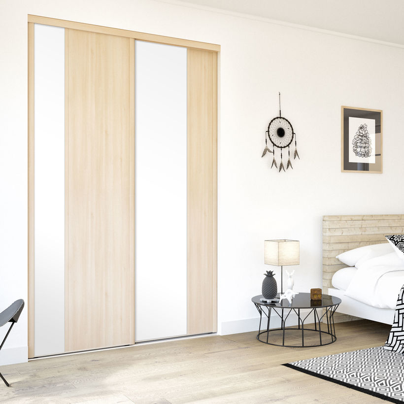 Façade de placard coulissante 2 portes décor acacia clair, décor blanc mat