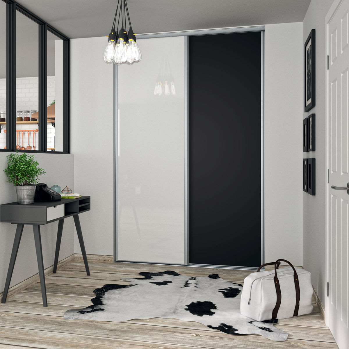 Façade de placard coulissante 2 portes décor noir intense, verre laqué blanc pur