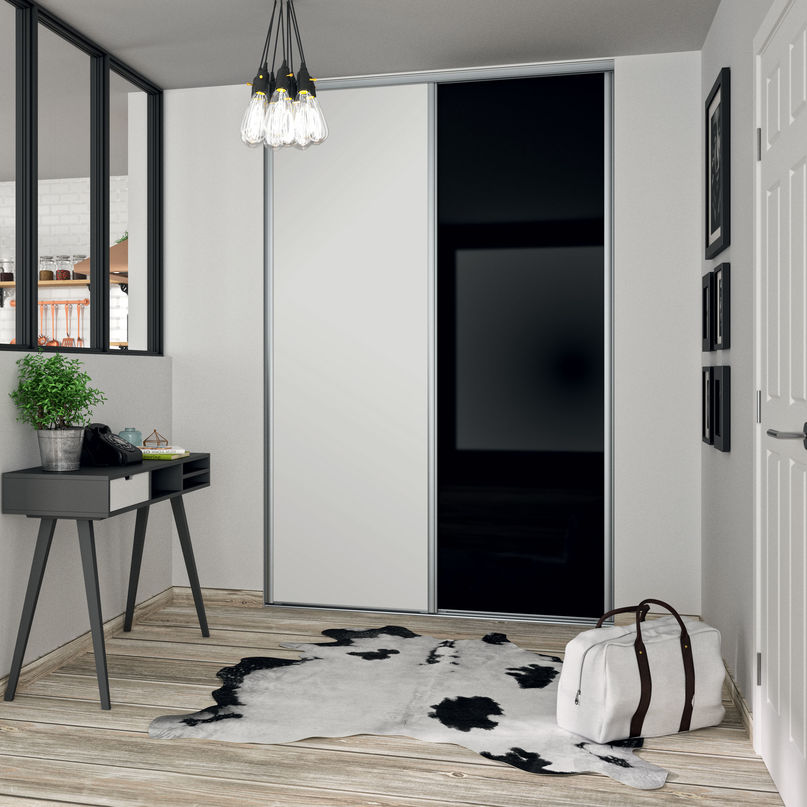 Façade de placard coulissante 2 portes verre laqué noir, décor blanc mat