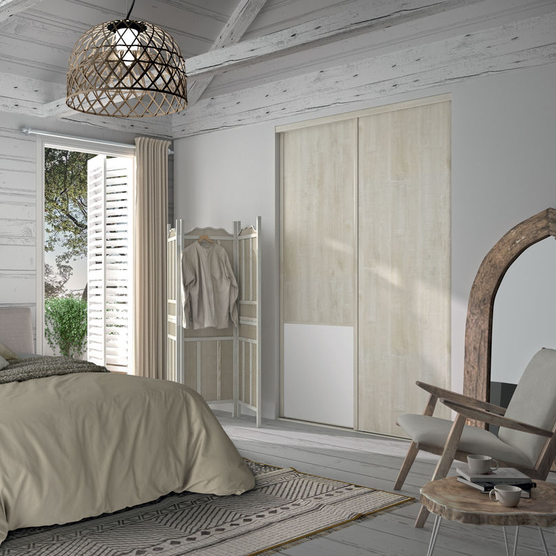 Façade de placard coulissante 2 portes décor bois flotté crème, décor blanc mat