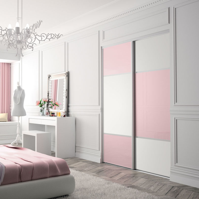 Façade de placard coulissante 2 portes verre laqué rose pastel, décor blanc mat