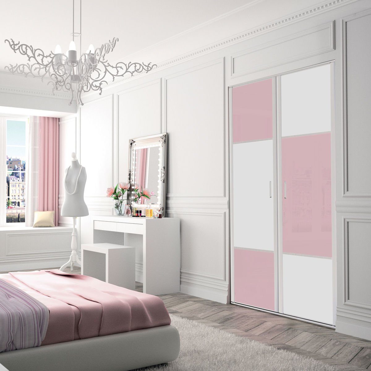 Façade de placard pivotante 2 portes verre laqué rose pastel, décor blanc mat
