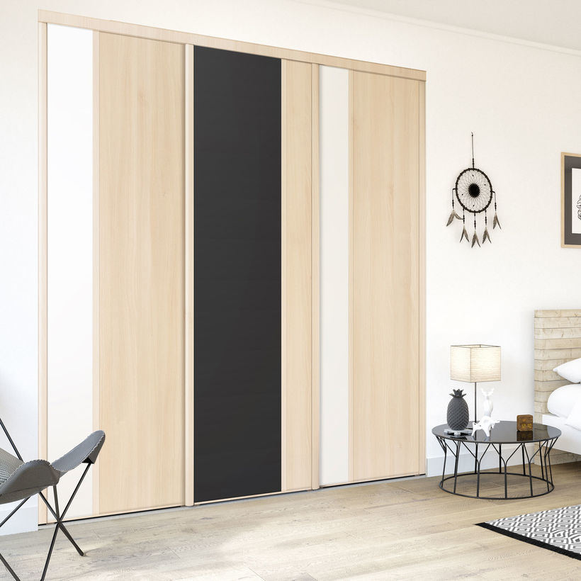 Façade de placard coulissante 3 portes décor acacia clair, décor blanc mat, décor noir intense
