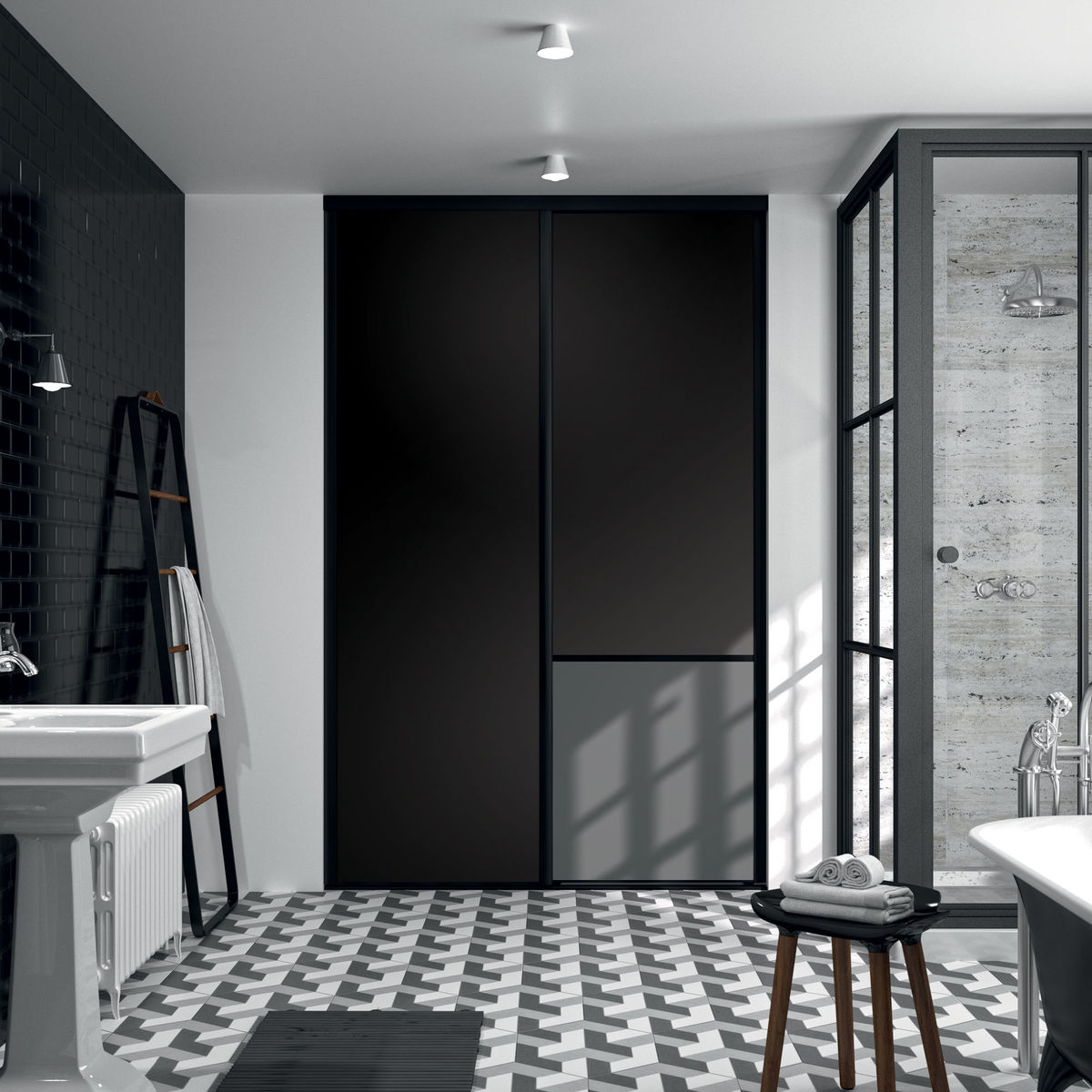 Façade de placard coulissante 2 portes décor noir intense, décor gris intense