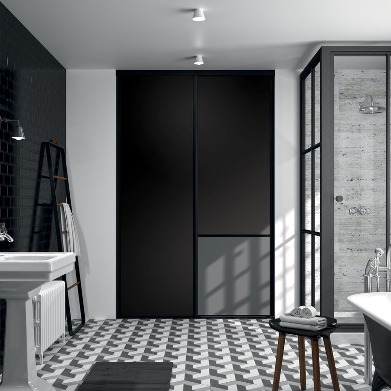 Façade de placard coulissante 2 portes décor noir intense, décor gris intense