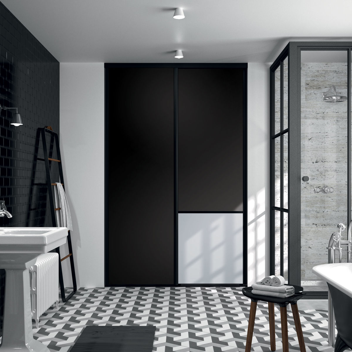 Façade de placard coulissante 2 portes décor noir intense, décor gris galet