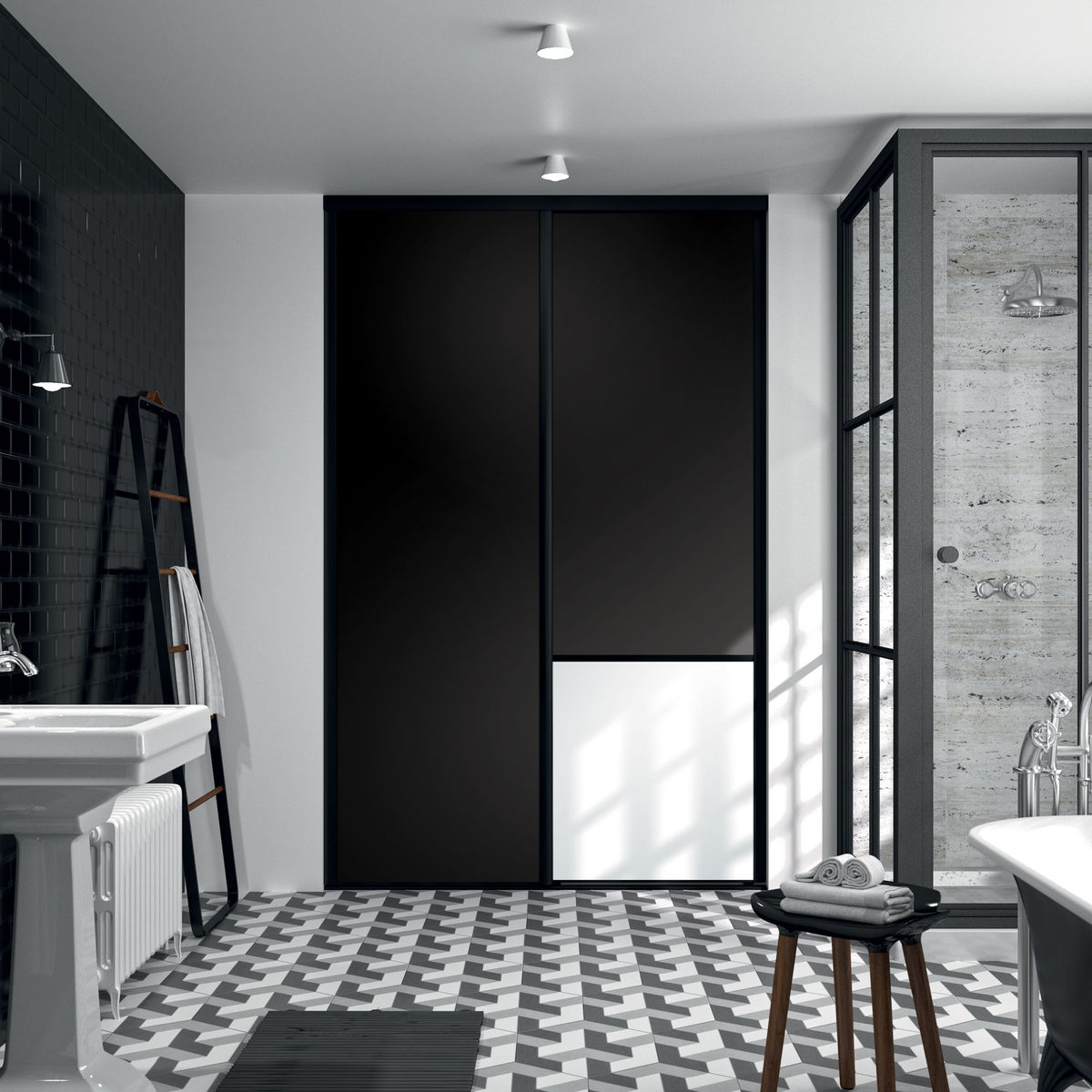 Façade de placard coulissante 2 portes décor noir intense, décor blanc mat