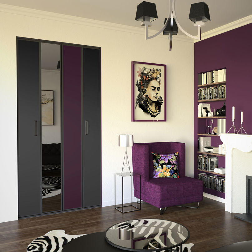 Façade de placard pliante 2 portes décor noir intense, miroir plomb, décor aubergine