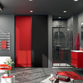 Façade de placard coulissante 2 portes verre laqué rouge, décor noir intense