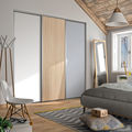 Façade de placard coulissante 3 portes décor blanc mat, décor acacia clair, décor gris galet