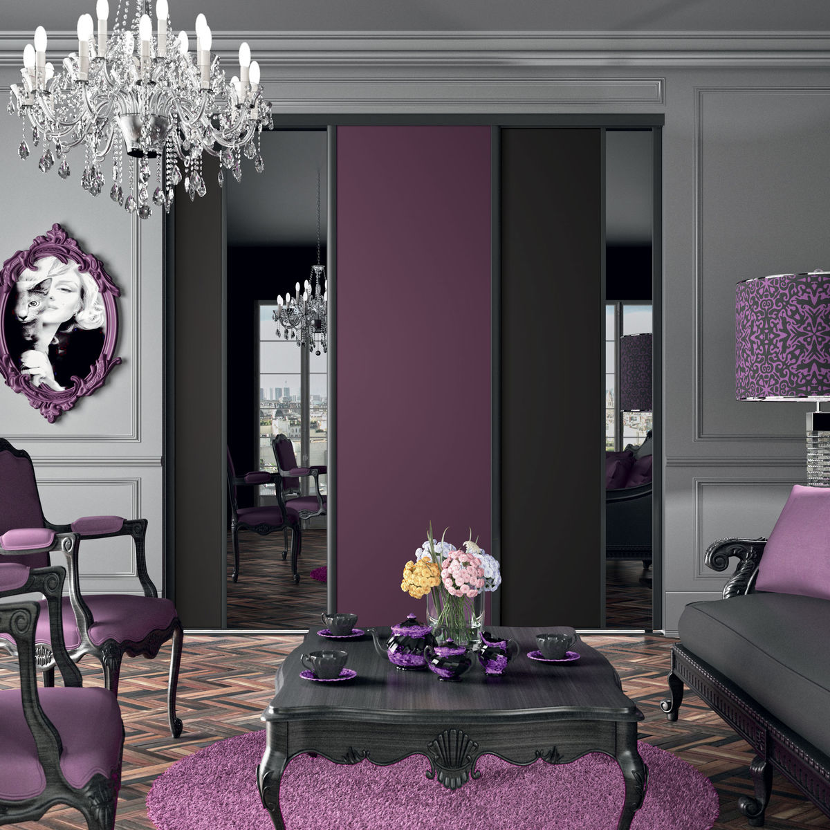 Façade de placard coulissante 3 portes miroir argent, décor noir intense, décor aubergine