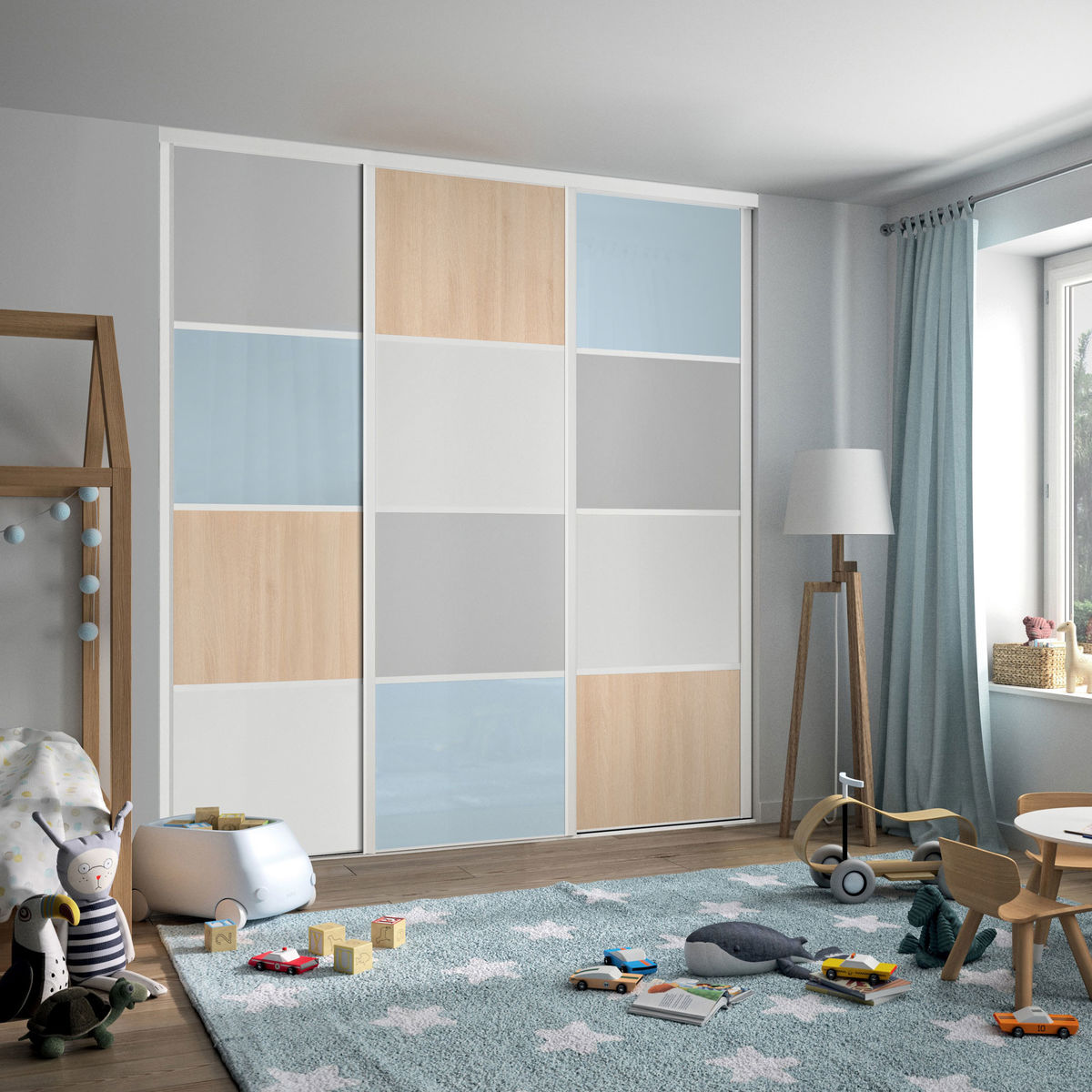 Façade de placard coulissante 3 portes décor gris galet, verre laqué bleu pastel, décor acacia clair, décor blanc mat