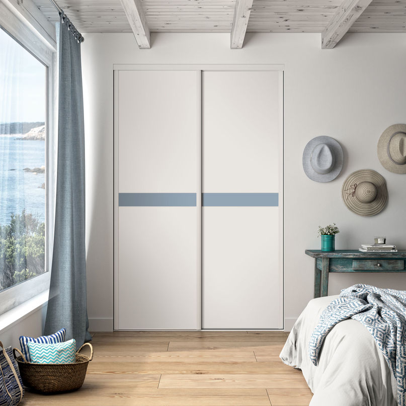 Façade de placard coulissante 2 portes décor blanc mat, décor bleu gris