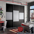 Façade de placard coulissante 3 portes décor noir intense, décor gris galet