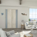 Façade de placard coulissante 2 portes décor bois flotté crème, décor bleu gris