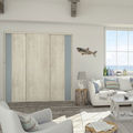 Façade de placard coulissante 3 portes décor bois flotté crème, décor bleu gris