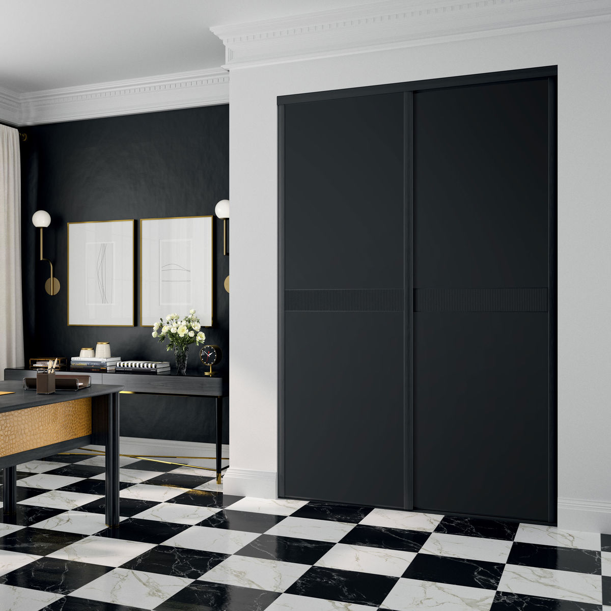 Façade de placard coulissante 2 portes décor noir intense, effet cuir carbone