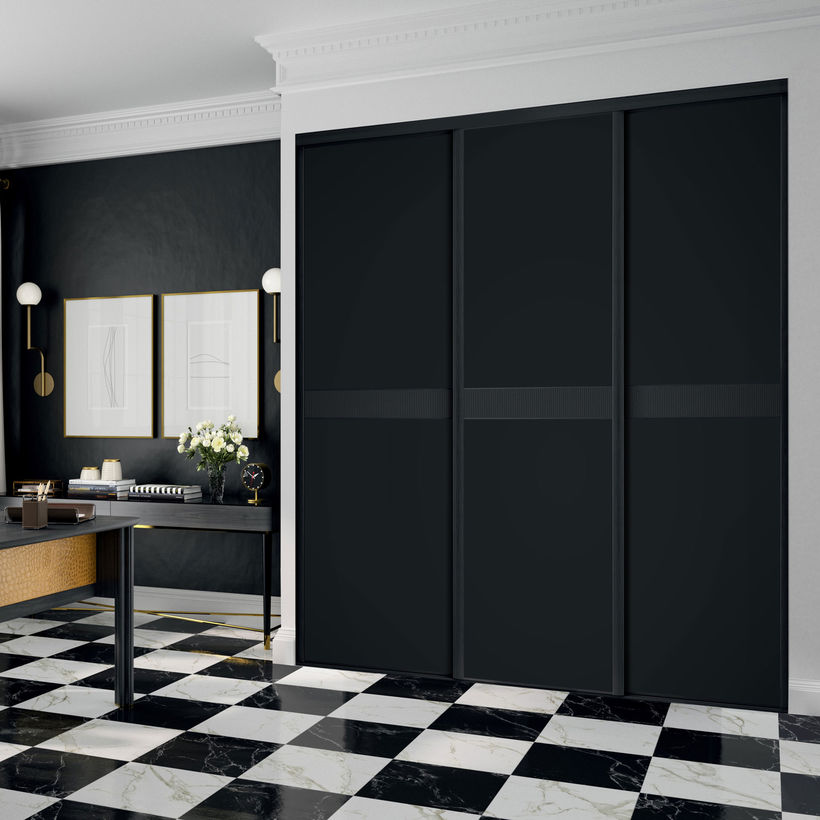 Façade de placard coulissante 3 portes décor noir intense, effet cuir carbone