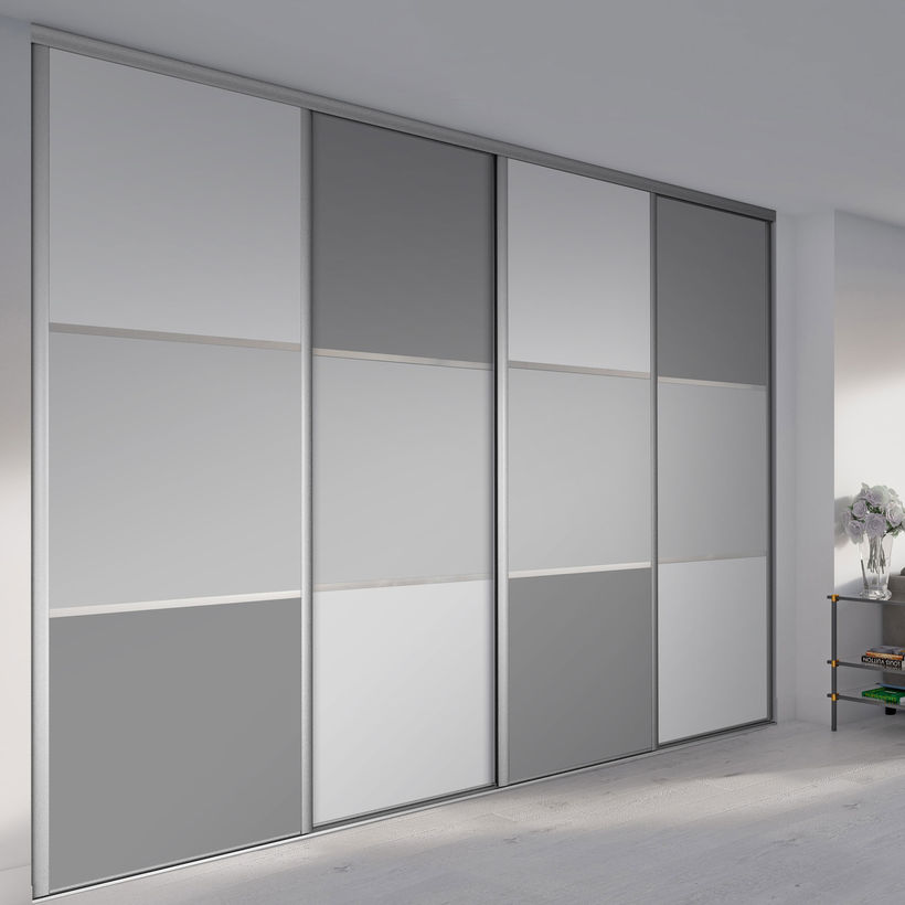 Façade de placard coulissante 4 portes décor blanc mat, décor gris galet, décor gris intense