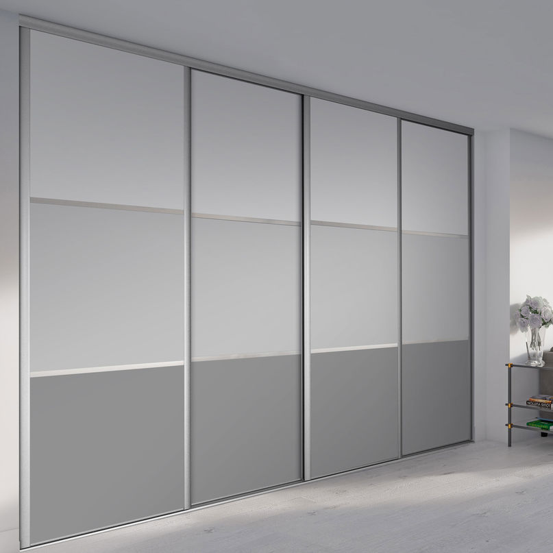 Façade de placard coulissante 4 portes décor blanc mat, décor gris galet, décor gris intense