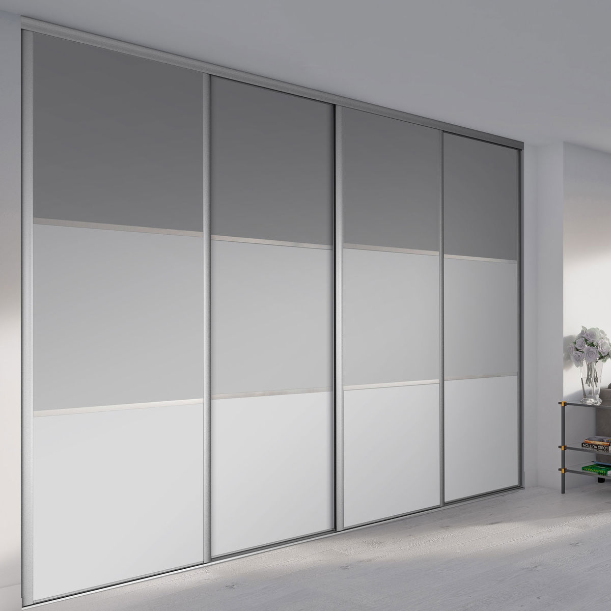 Façade de placard coulissante 4 portes décor gris intense, décor gris galet, décor blanc mat