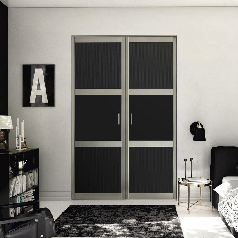 Façade de placard pivotante 2 portes effet cuir carbone, décor noir intense