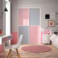 Façade de placard coulissante 2 portes verre laqué rose pastel, décor gris galet