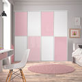 Façade de placard coulissante 4 portes verre laqué rose pastel, décor blanc mat