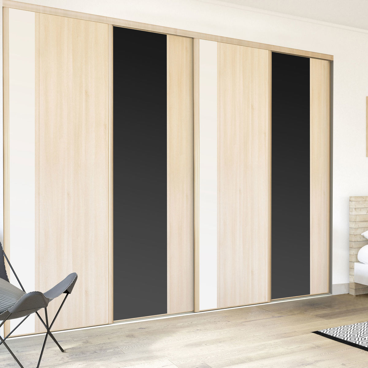 Façade de placard coulissante 4 portes décor acacia clair, décor blanc mat, décor noir intense