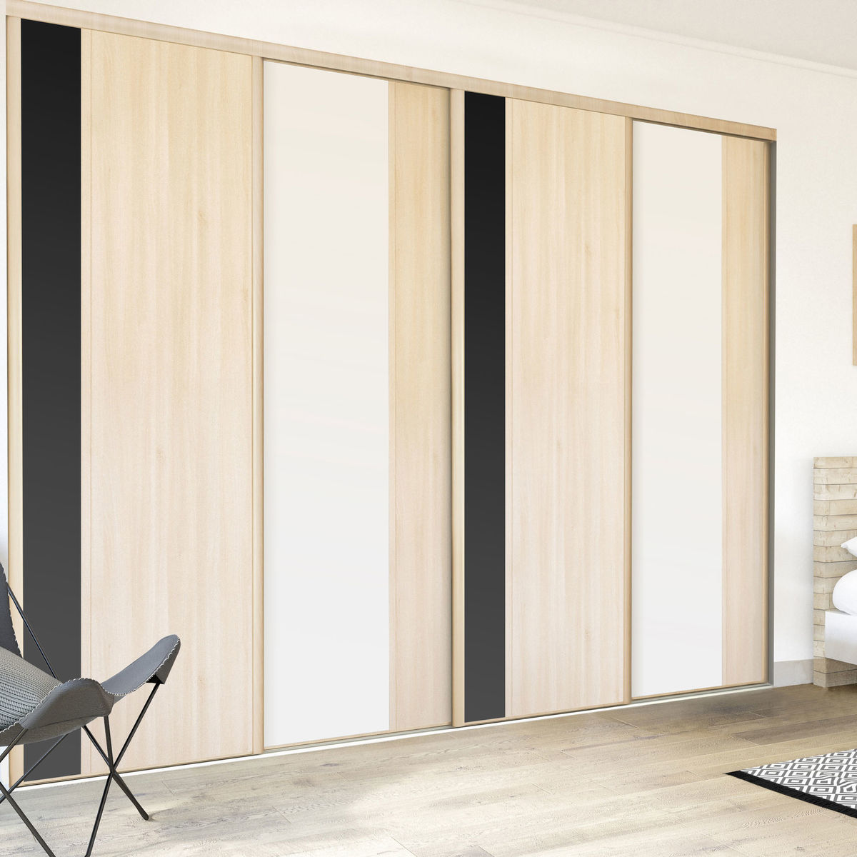 Façade de placard coulissante 4 portes décor acacia clair, décor noir intense, décor blanc mat