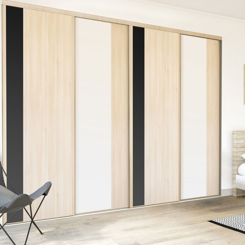Façade de placard coulissante 4 portes décor acacia clair, décor noir intense, décor blanc mat