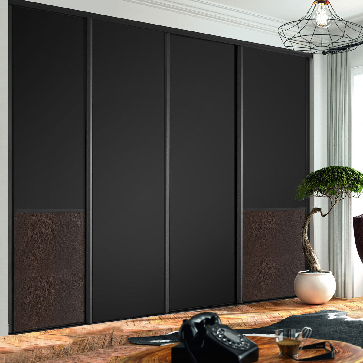 Façade de placard coulissante 4 portes décor noir intense, effet cuir vintage brun