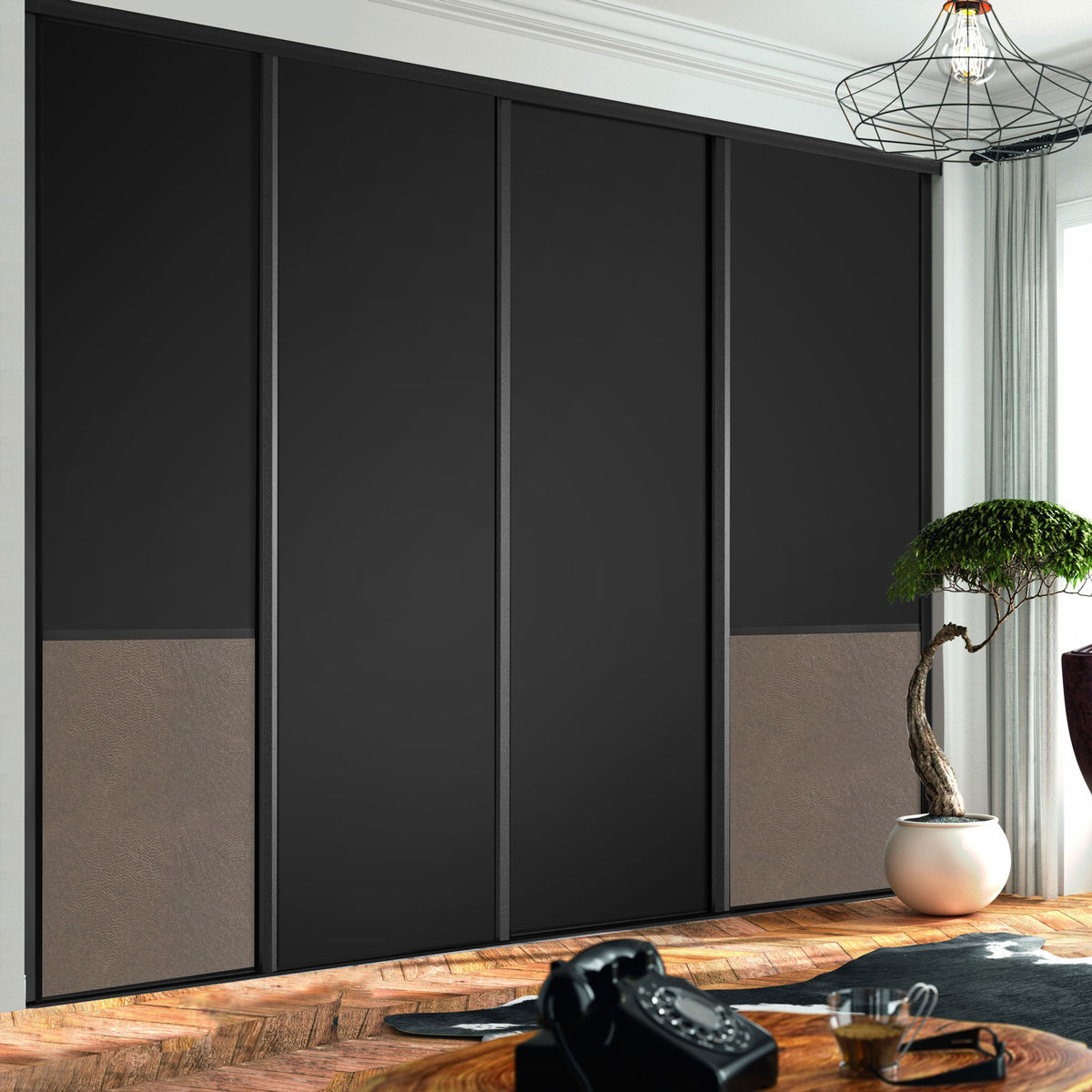 Façade de placard coulissante 4 portes décor noir intense, effet cuir vintage beige