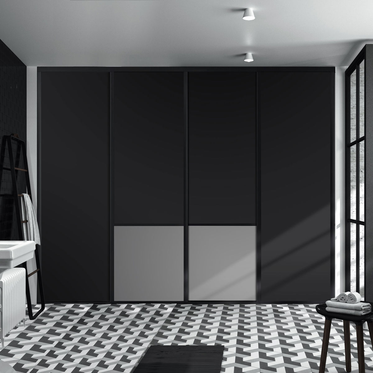 Façade de placard coulissante 4 portes décor noir intense, décor gris intense