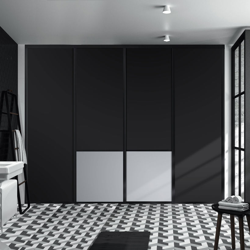 Façade de placard coulissante 4 portes décor noir intense, décor gris galet