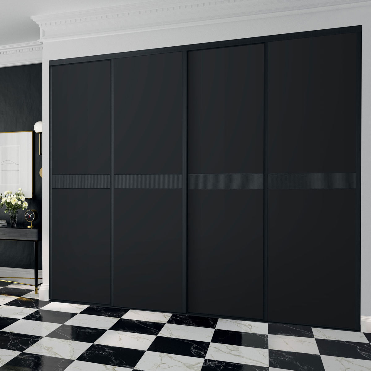 Façade de placard coulissante 4 portes décor noir intense, effet cuir carbone