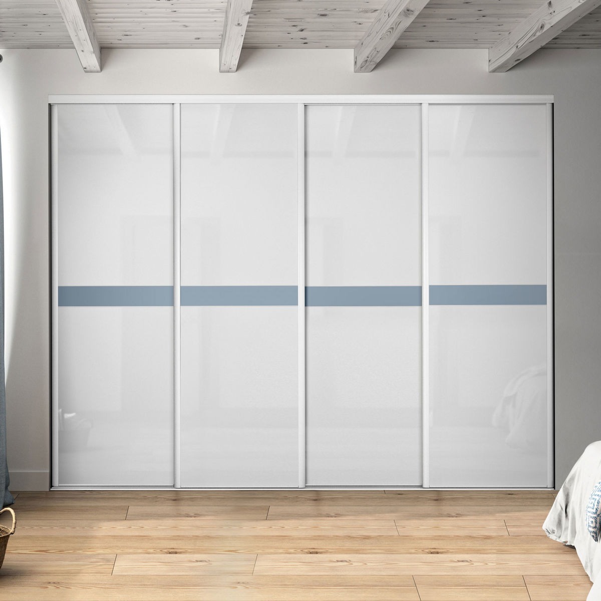 Façade de placard coulissante 4 portes verre laqué blanc pur, décor bleu gris
