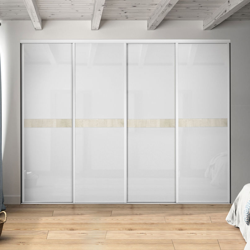 Façade de placard coulissante 4 portes verre laqué blanc pur, décor bois flotté crème