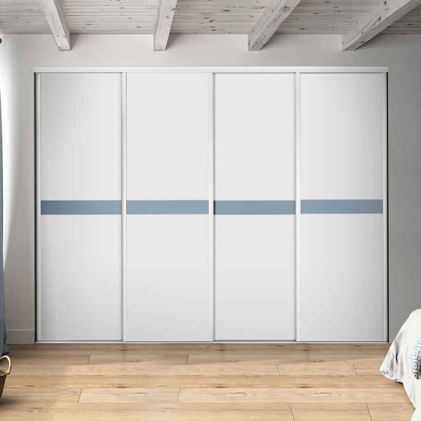 Façade de placard coulissante 4 portes décor blanc mat, décor bleu gris
