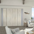 Façade de placard coulissante 4 portes décor bois flotté crème, décor gris galet