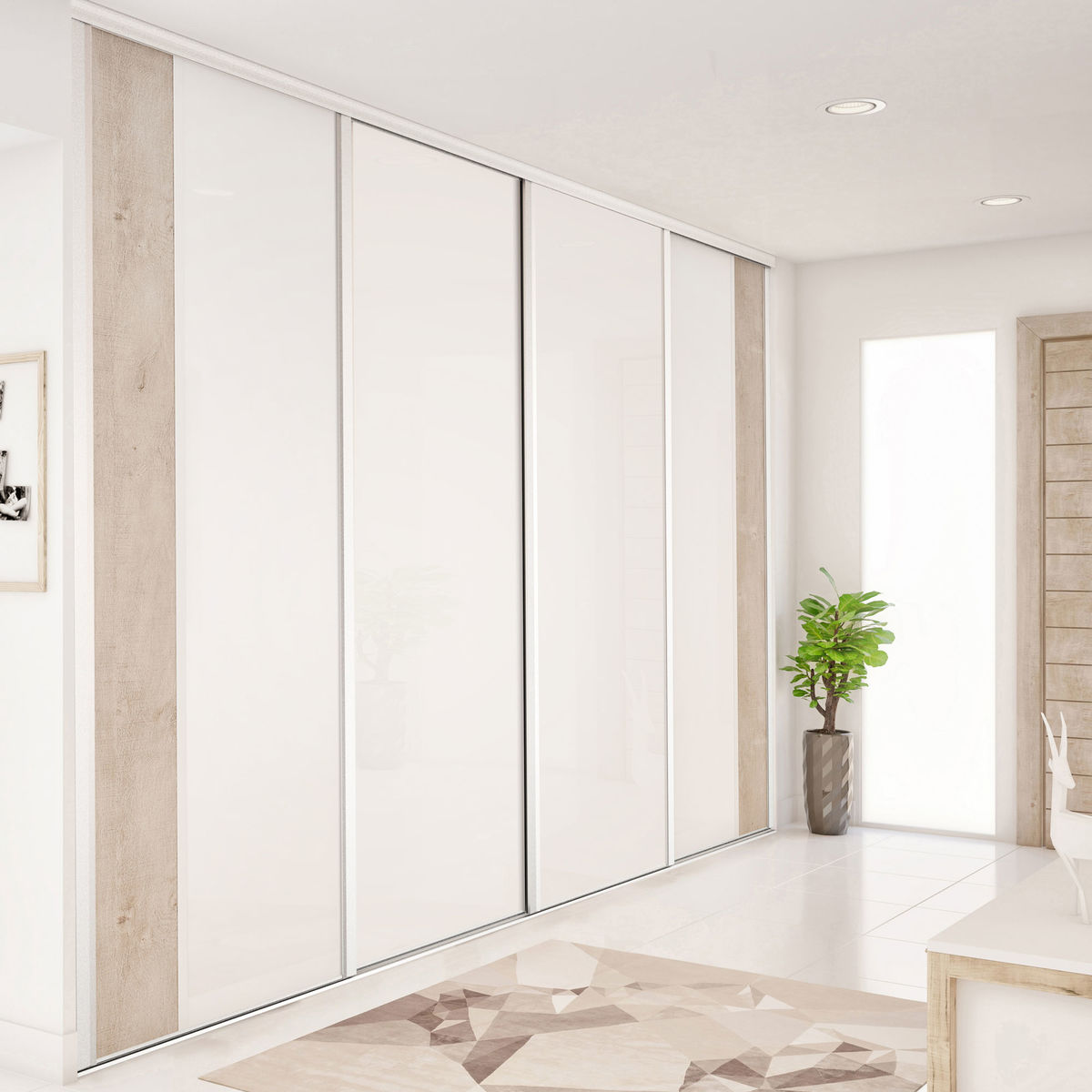 Façade de placard coulissante 4 portes verre laqué blanc pur, décor chêne flanelle brut