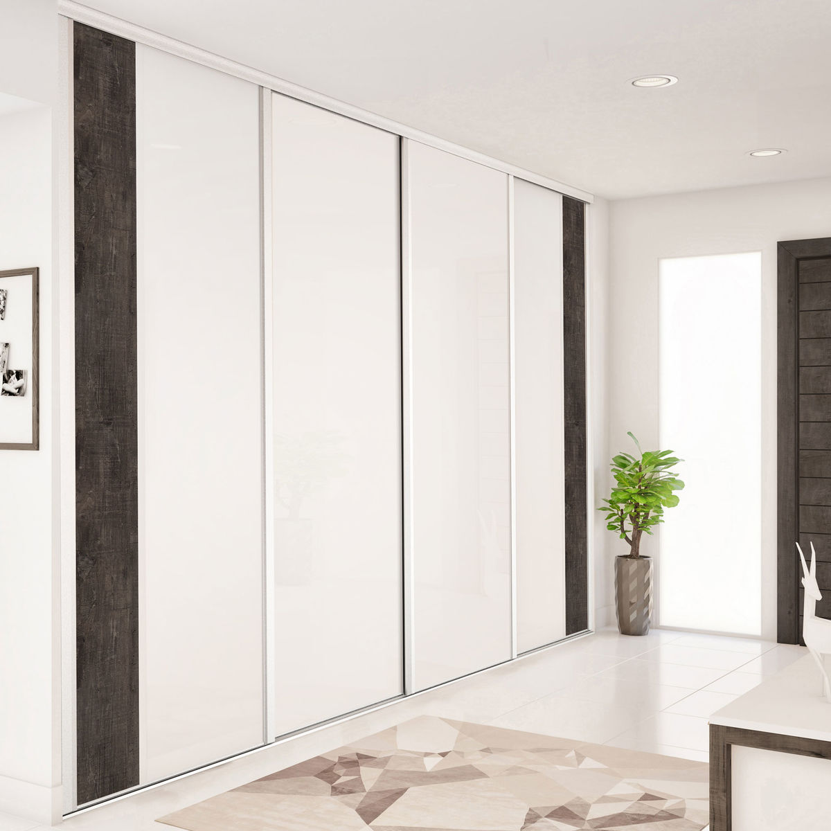Façade de placard coulissante 4 portes verre laqué blanc pur, décor bois fumé brut